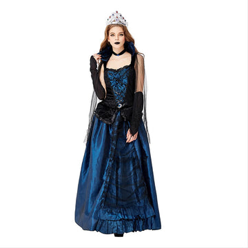 Halloween Disfraz de Fiesta Hechicera Azul Vestido de Corte Retro Medieval Vestido de Reina Cosplay para Adultos Femenino